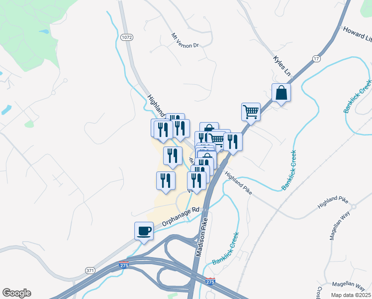 map of restaurants, bars, coffee shops, grocery stores, and more near 1975 Highland Pike in Fort Wright