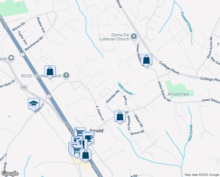 map of restaurants, bars, coffee shops, grocery stores, and more near 1205 Hickory Hill Circle in Arnold