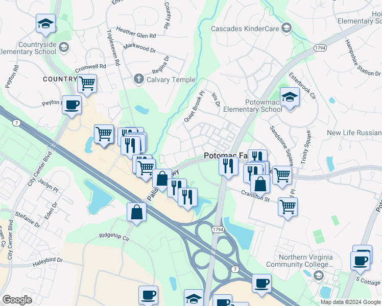 map of restaurants, bars, coffee shops, grocery stores, and more near 20920 Cheyenne Terrace in Sterling