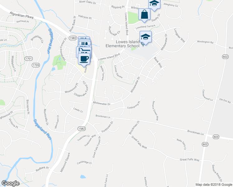 map of restaurants, bars, coffee shops, grocery stores, and more near 47547 Tenfoot Island Terrace in Sterling