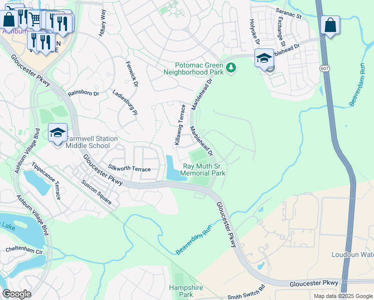 map of restaurants, bars, coffee shops, grocery stores, and more near 44485 Potter Terrace in Ashburn