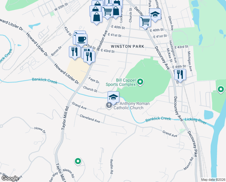 map of restaurants, bars, coffee shops, grocery stores, and more near 4710 Church Street in Taylor Mill