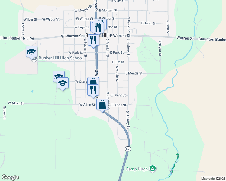 map of restaurants, bars, coffee shops, grocery stores, and more near 613 South Franklin Street in Bunker Hill
