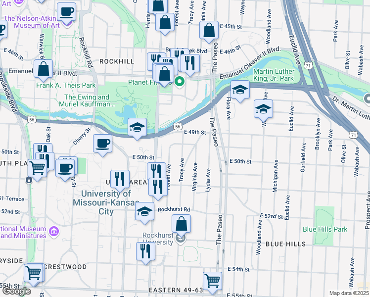 map of restaurants, bars, coffee shops, grocery stores, and more near 1308 East 49th Terrace in Kansas City