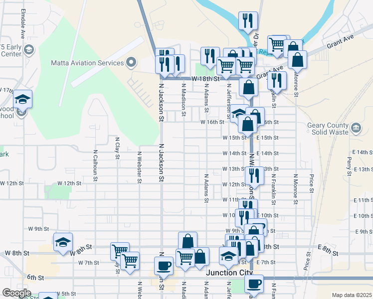 map of restaurants, bars, coffee shops, grocery stores, and more near 1418 North Madison Street in Junction City