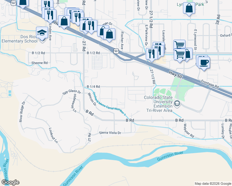 map of restaurants, bars, coffee shops, grocery stores, and more near 2723 B 1/4 Road in Grand Junction