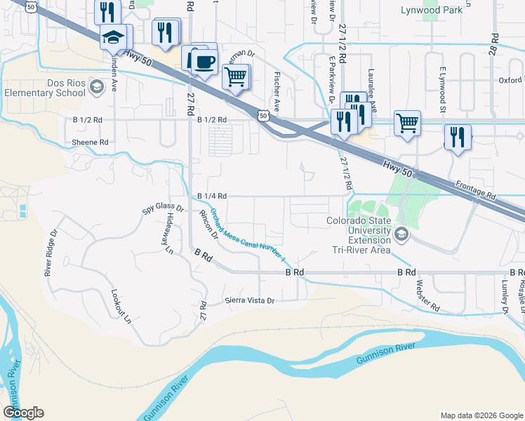 map of restaurants, bars, coffee shops, grocery stores, and more near 2723 B 1/4 Road in Grand Junction