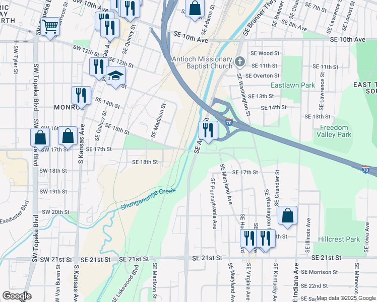 map of restaurants, bars, coffee shops, grocery stores, and more near Southeast 15th Street in Topeka