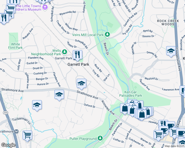 map of restaurants, bars, coffee shops, grocery stores, and more near 11120 Troy Road in Rockville