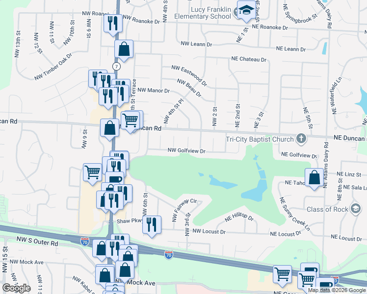 map of restaurants, bars, coffee shops, grocery stores, and more near 1704 Northwest Walnut Circle in Blue Springs