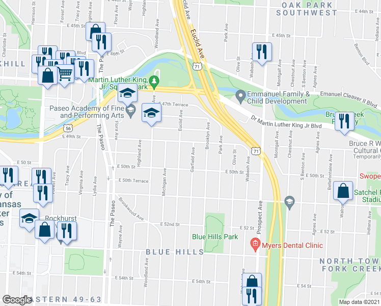 map of restaurants, bars, coffee shops, grocery stores, and more near 4918 Garfield Avenue in Kansas City