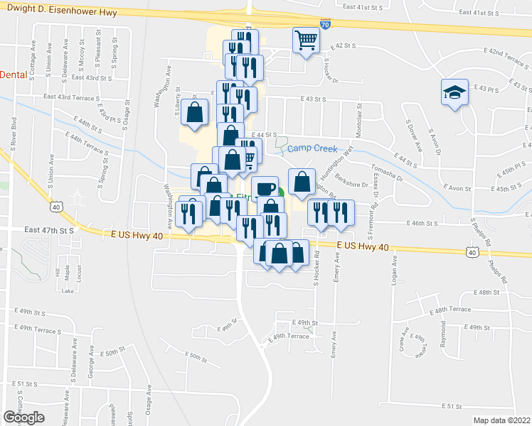 map of restaurants, bars, coffee shops, grocery stores, and more near 4545 South Noland Road in Independence