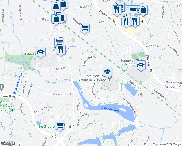 map of restaurants, bars, coffee shops, grocery stores, and more near 43956 Bruceton Mills Circle in Ashburn