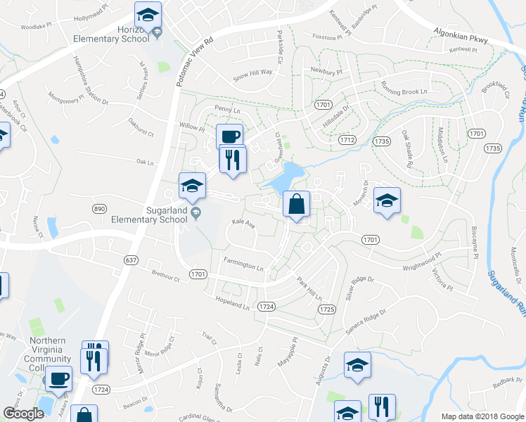 map of restaurants, bars, coffee shops, grocery stores, and more near 21 Carolina Court in Sterling