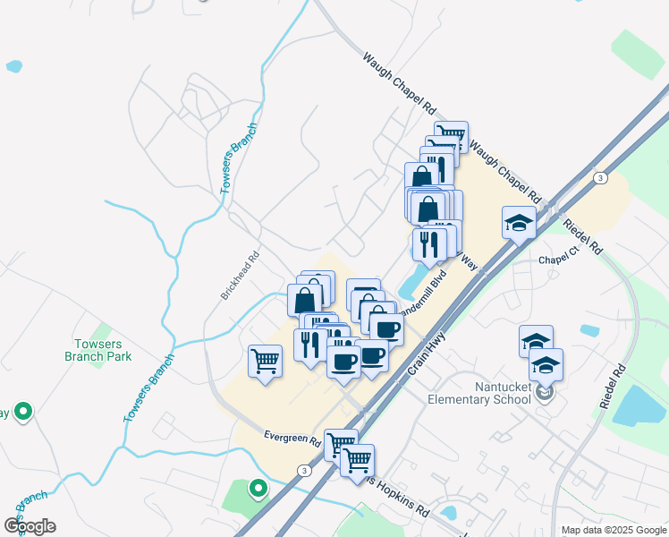 map of restaurants, bars, coffee shops, grocery stores, and more near 1380 Chapel Centre Drive in Gambrills