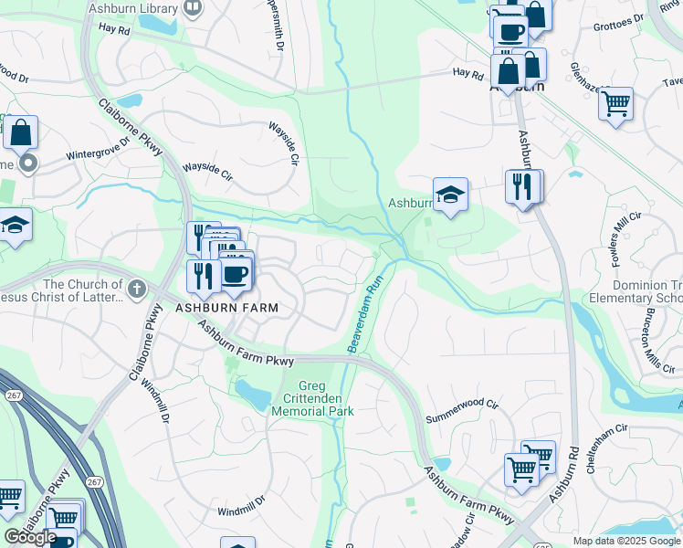 map of restaurants, bars, coffee shops, grocery stores, and more near 43513 Plantation Terrace in Ashburn