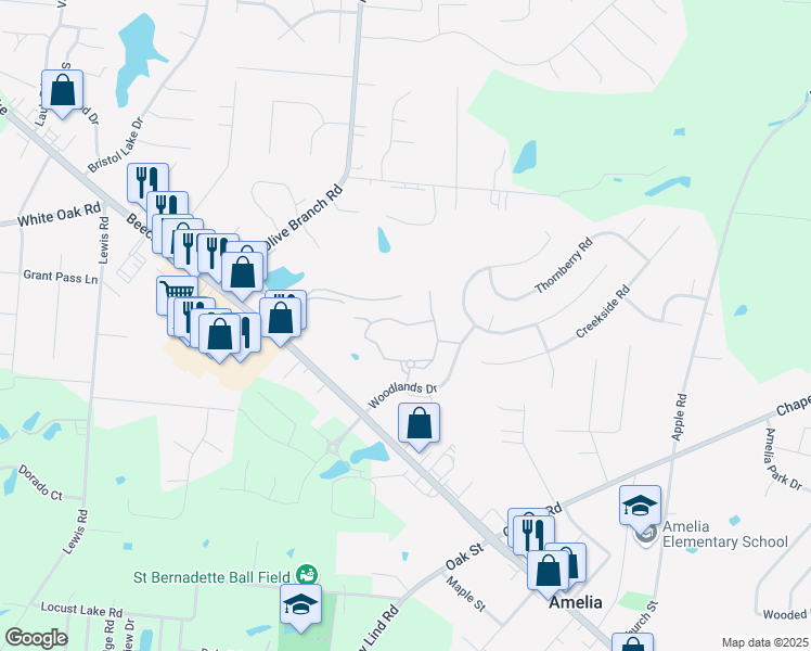 map of restaurants, bars, coffee shops, grocery stores, and more near Tall Trees Drive in Amelia