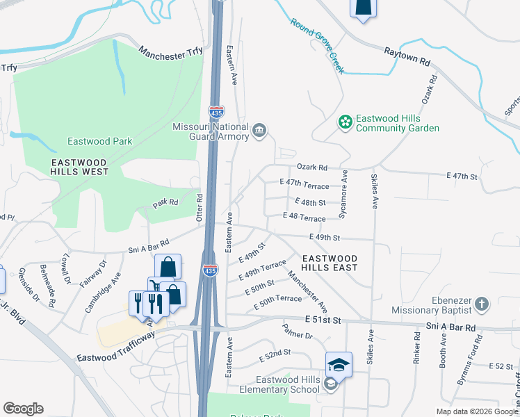 map of restaurants, bars, coffee shops, grocery stores, and more near 4738 Richmond Avenue in Kansas City