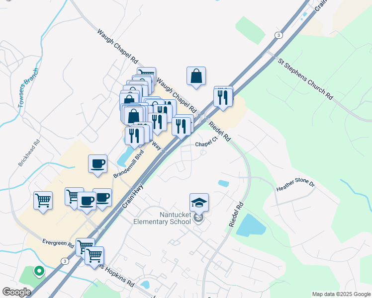 map of restaurants, bars, coffee shops, grocery stores, and more near 2530 Cheyenne Way in Gambrills