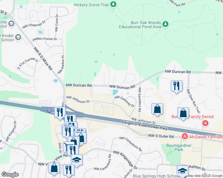 map of restaurants, bars, coffee shops, grocery stores, and more near 1801 Northwest Westbrooke Place in Blue Springs