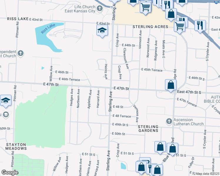 map of restaurants, bars, coffee shops, grocery stores, and more near 11200 East 47th Street in Kansas City