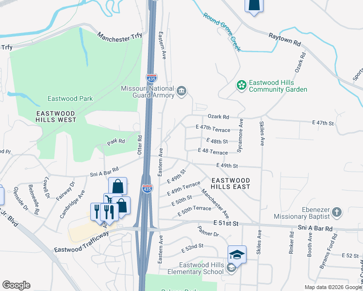 map of restaurants, bars, coffee shops, grocery stores, and more near 4738 Richmond Avenue in Kansas City