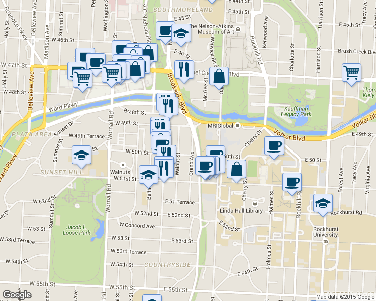 map of restaurants, bars, coffee shops, grocery stores, and more near 4925 Walnut Street in Kansas City