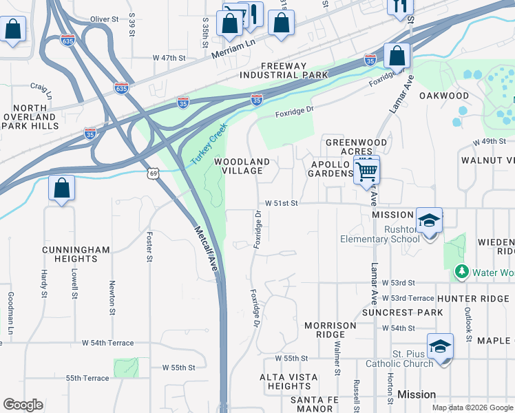 map of restaurants, bars, coffee shops, grocery stores, and more near 5100 Foxridge Drive in Mission