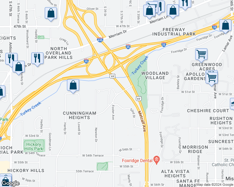 map of restaurants, bars, coffee shops, grocery stores, and more near 5101 Conser in Overland Park