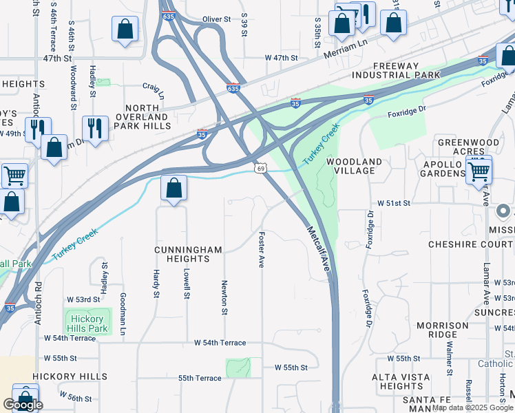 map of restaurants, bars, coffee shops, grocery stores, and more near 5101 Conser in Overland Park