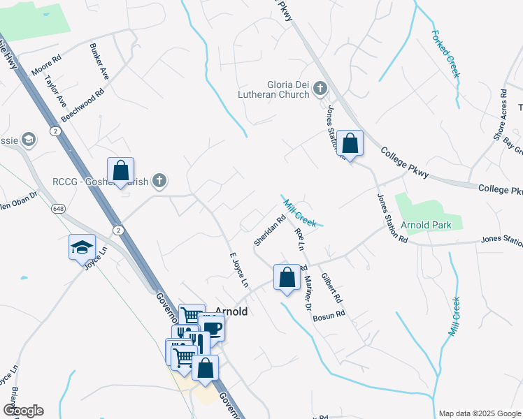 map of restaurants, bars, coffee shops, grocery stores, and more near 1205 Hickory Hill Circle in Arnold
