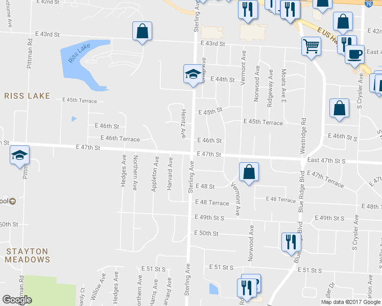 map of restaurants, bars, coffee shops, grocery stores, and more near 11100 East 47th Street in Kansas City