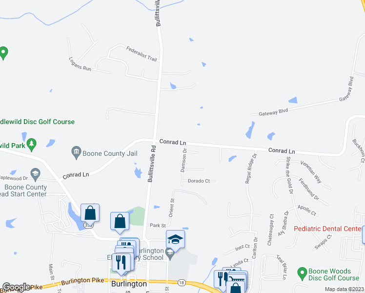 map of restaurants, bars, coffee shops, grocery stores, and more near 5599 Damson Drive in Burlington