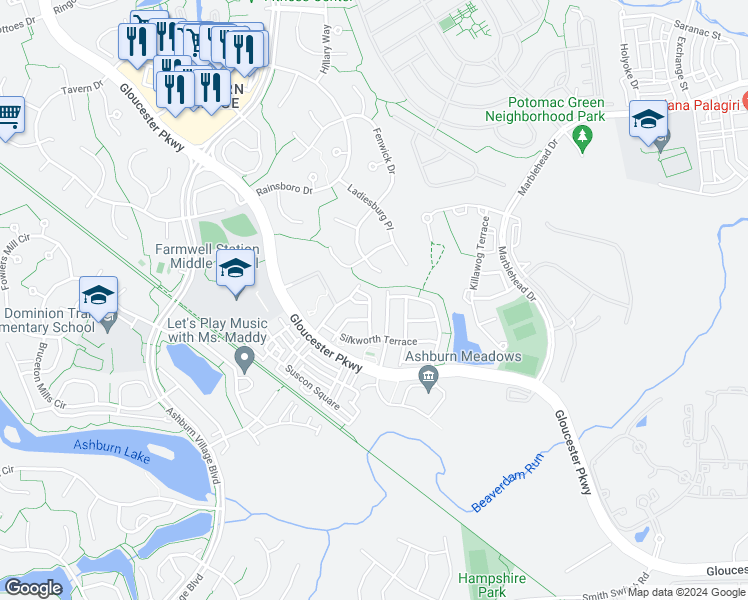 map of restaurants, bars, coffee shops, grocery stores, and more near 20934 Duryea Terrace in Ashburn