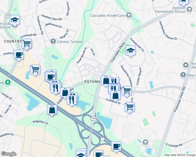 map of restaurants, bars, coffee shops, grocery stores, and more near 46220 Walpole Terrace in Sterling