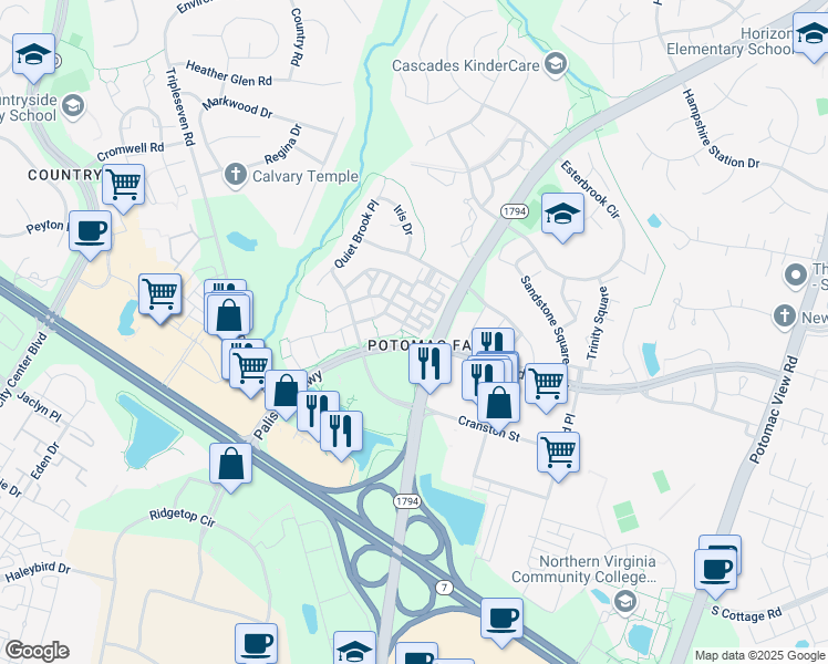 map of restaurants, bars, coffee shops, grocery stores, and more near 46211 Walpole Terrace in Sterling