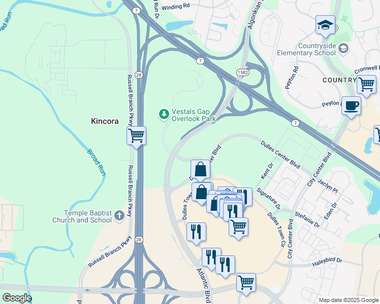 map of restaurants, bars, coffee shops, grocery stores, and more near 45500 Majestic Drive in Sterling