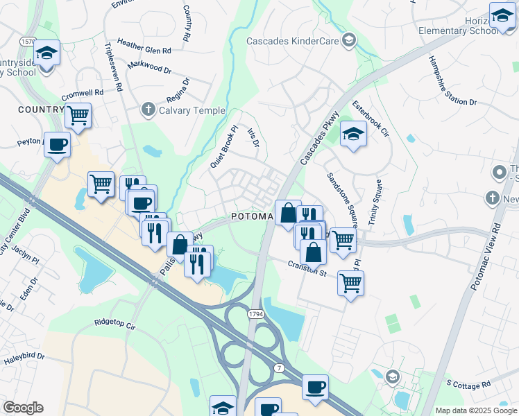 map of restaurants, bars, coffee shops, grocery stores, and more near 46211 Walpole Terrace in Sterling