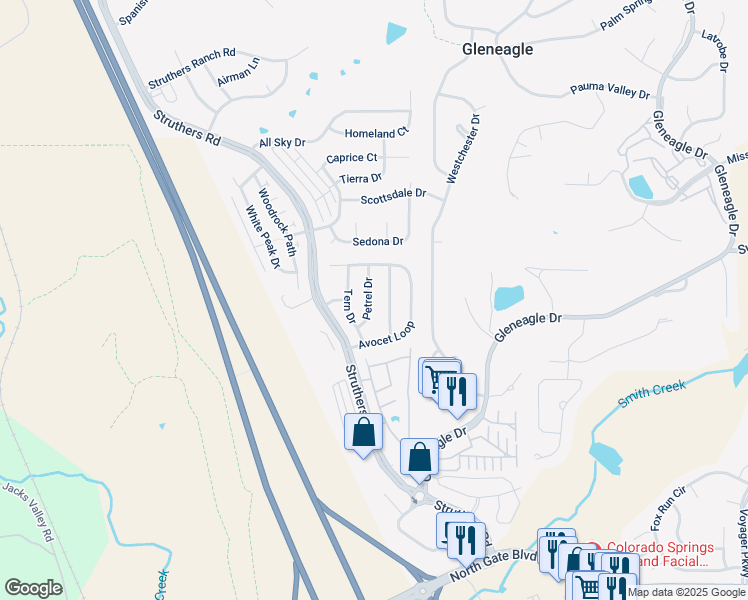 map of restaurants, bars, coffee shops, grocery stores, and more near 14181 Petrel Drive in Colorado Springs