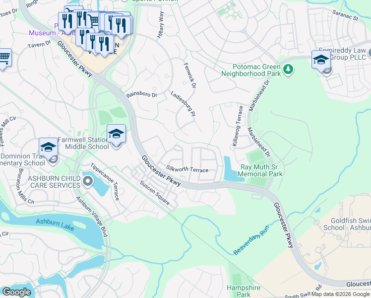 map of restaurants, bars, coffee shops, grocery stores, and more near 20934 Duryea Terrace in Ashburn
