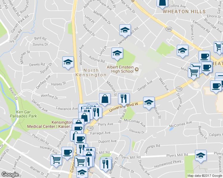 map of restaurants, bars, coffee shops, grocery stores, and more near 11006 Madison Street in Kensington