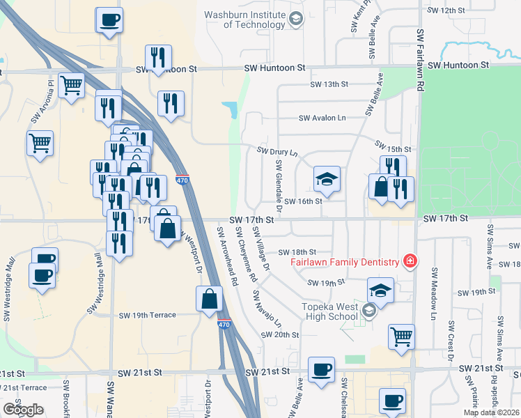 map of restaurants, bars, coffee shops, grocery stores, and more near 1588 Southwest Village Drive in Topeka