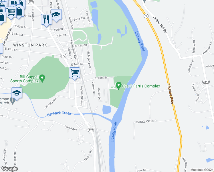map of restaurants, bars, coffee shops, grocery stores, and more near 4525 Virginia Avenue in Covington