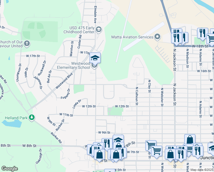 map of restaurants, bars, coffee shops, grocery stores, and more near 1019 West 14th Street in Junction City