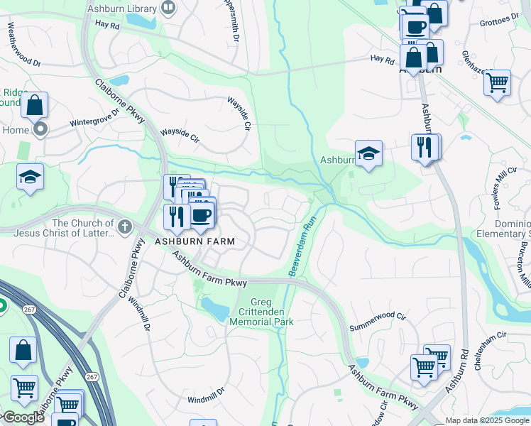 map of restaurants, bars, coffee shops, grocery stores, and more near 43485 Plantation Terrace in Ashburn