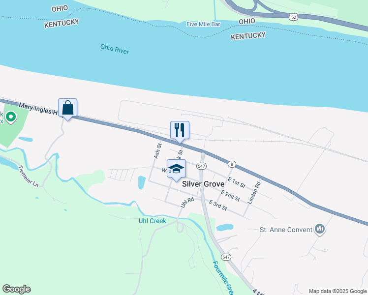 map of restaurants, bars, coffee shops, grocery stores, and more near 5112 Mary Ingles Highway in Silver Grove