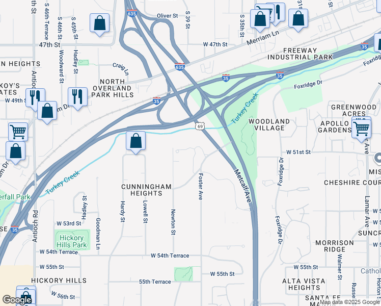 map of restaurants, bars, coffee shops, grocery stores, and more near 5100 Conser Street in Overland Park