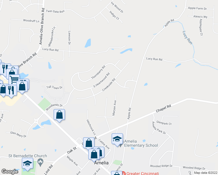 map of restaurants, bars, coffee shops, grocery stores, and more near 1549 Creekside Road in Amelia