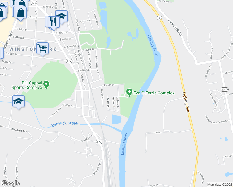 map of restaurants, bars, coffee shops, grocery stores, and more near 4510 Virginia Avenue in Covington