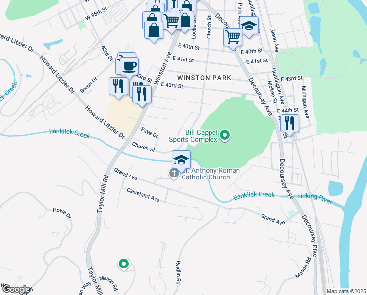 map of restaurants, bars, coffee shops, grocery stores, and more near 4606A Church Street in Taylor Mill